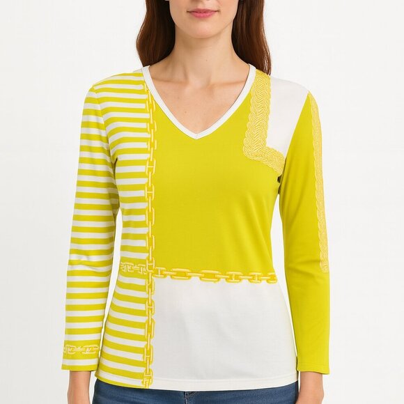 J Mclaughlin Top Size Small Catalina Cloth Green Chain Stripe 3/4 Sleeve Preppy - Picture 10 of 10